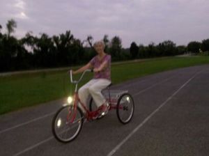 Mormor riding her new bike around the track at Challenger.