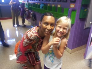 Sophia, right, with her first grader teacher, Mrs. Leslie.
